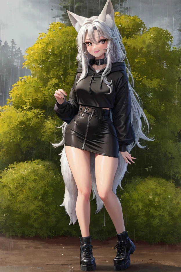 masterpiece, best quality, accuracy, HD,  Forest, Campground , campfire,  Fox girl, fuchsohr, foxtail, very very very long hair bluesilver, blue-grey eyes, collar with dog tag,  black long open hoodie, no underwear,  black through overknee ,  black high-heeled shoes ,   fingers to the chest ,  dogs run around  ,  rain do it ,   slightly squat  ,  sensual smile ,  