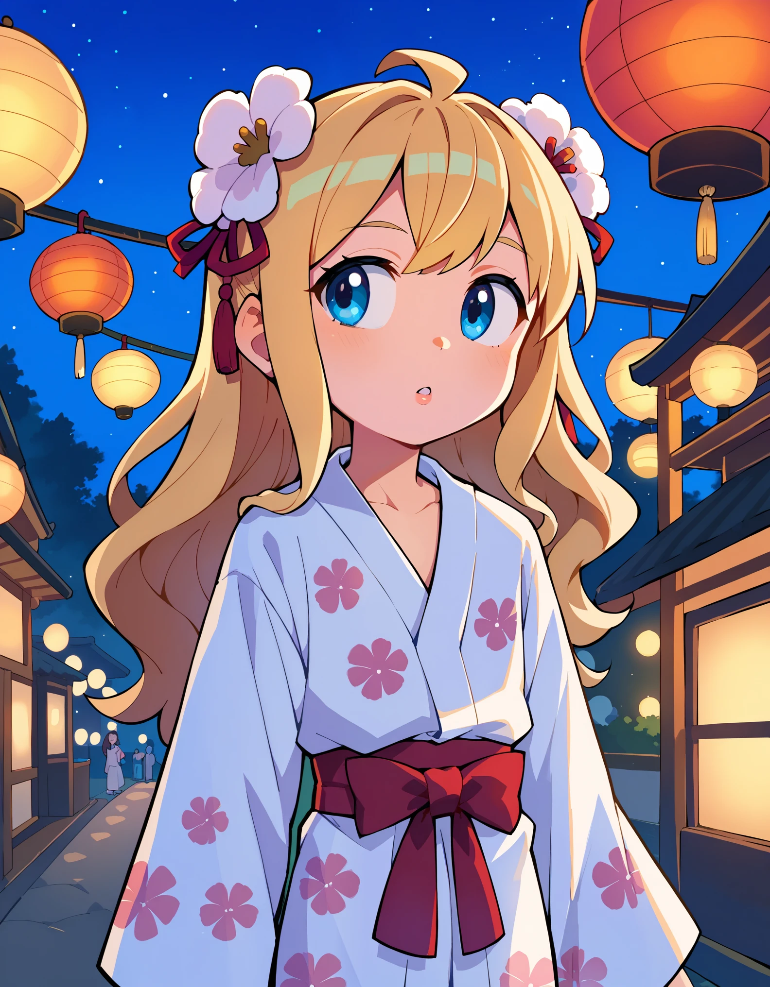 score_9,score_8_up,score_7_up,  solo, shiina_anzu,blonde hair,long hair,blue eyes,parted lips,flat chest,white yukata,pink yukata,looking away,japan,summer festival,night,sky,