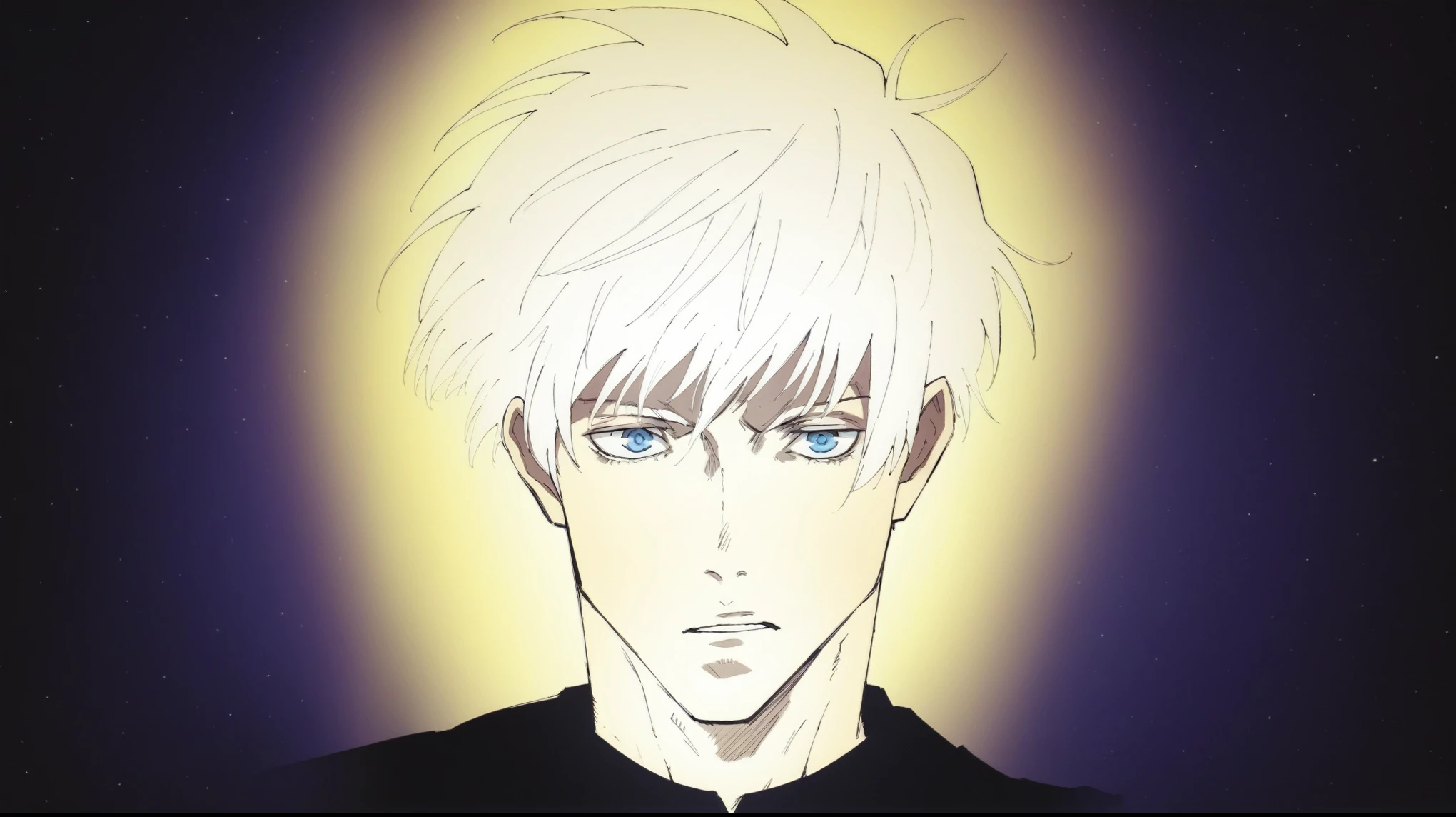 anime, satoru gojo, against the backdrop of space, portrait,  face in full face , white hair, Blue eyes,  handsome man , Sexy face, giga chad, Sigma male, tyler derden ,  comic style ,  text plate ,  yellow glow , 8 k, RTX,  highly detailed illustration, anatomy, beautiful eyes,  hair fluttering , beige leather, reflexes ,  beautiful pictures , avatar,  space in the background , space background