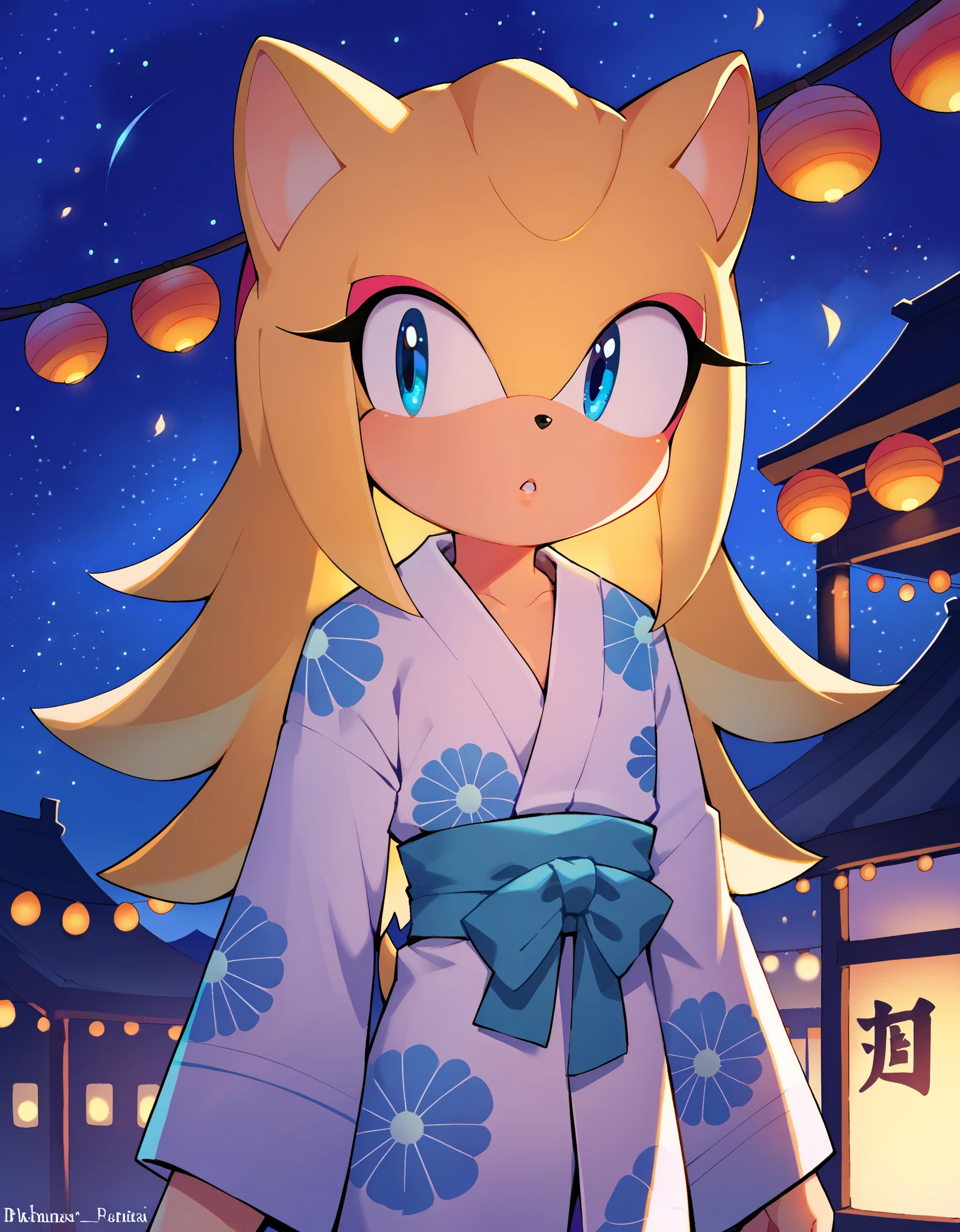 score_9, score_8_up, score_7_up, Akami Mira, solo, shiina_anzu,blonde hair,long hair,blue eyes,parted lips,flat chest,white yukata,pink yukata,looking away,japan,summer festival,night,sky,