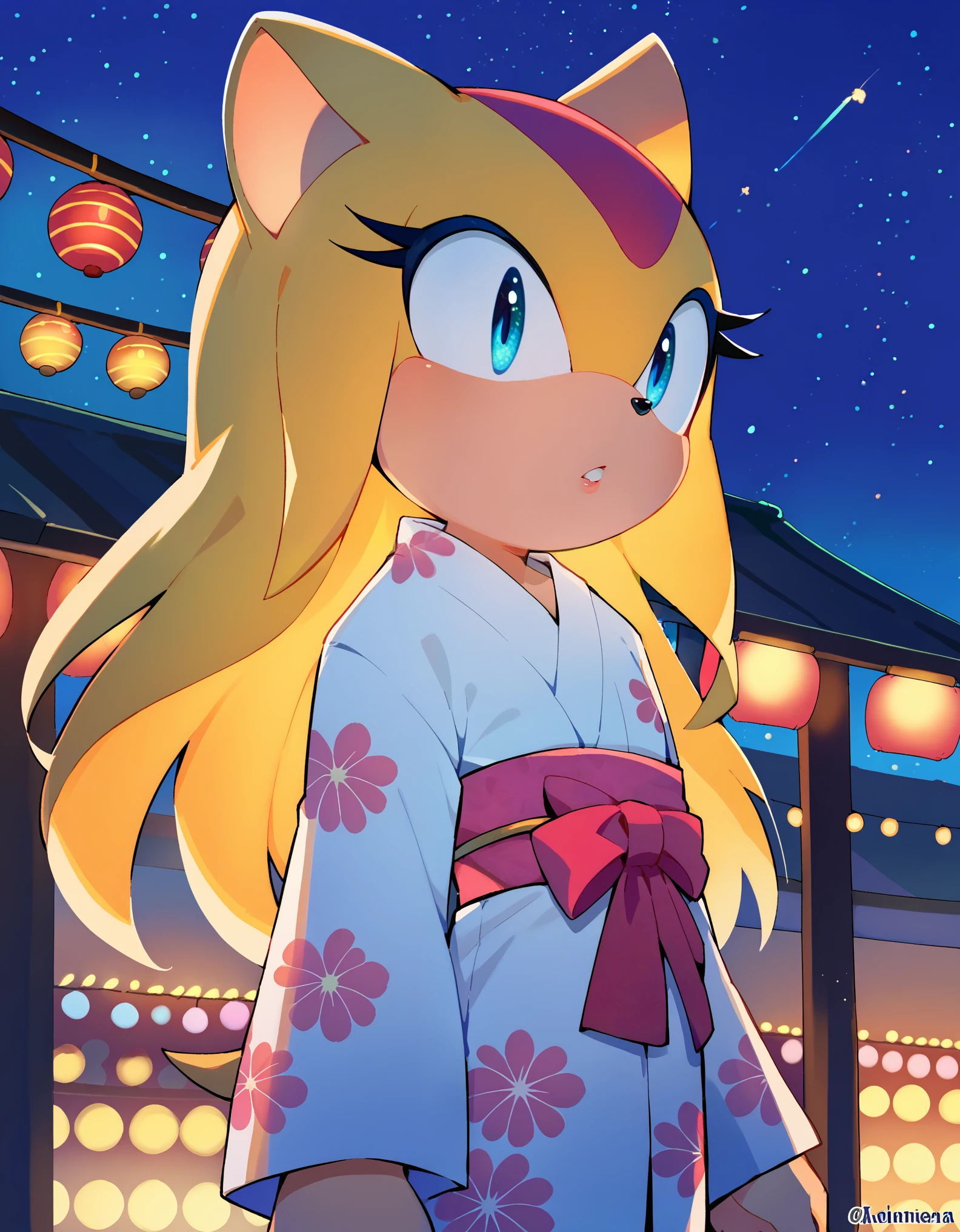 score_9, score_8_up, score_7_up, Akami Mira, solo, shiina_anzu,blonde hair,long hair,blue eyes,parted lips,flat chest,white yukata,pink yukata,looking away,japan,summer festival,night,sky,