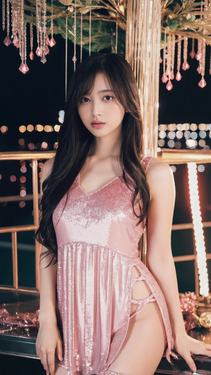 1girl,(wearing a pink glittery evening mini dress:1.2),(RAW photo, best quality), (realistic, photo-realistic:1.4), masterpiece, an extremely delicate and beautiful, extremely detailed, 2k wallpaper, Amazing, finely detail, extremely detailed CG unity 8k wallpaper, ultra-detailed, highres, soft light, beautiful detailed girl, extremely detailed eyes and face, beautiful detailed nose, beautiful detailed eyes,cinematic lighting,city lights at night,slender body,(long hair with bangs), big breast, full body:1.6, pale thighs.