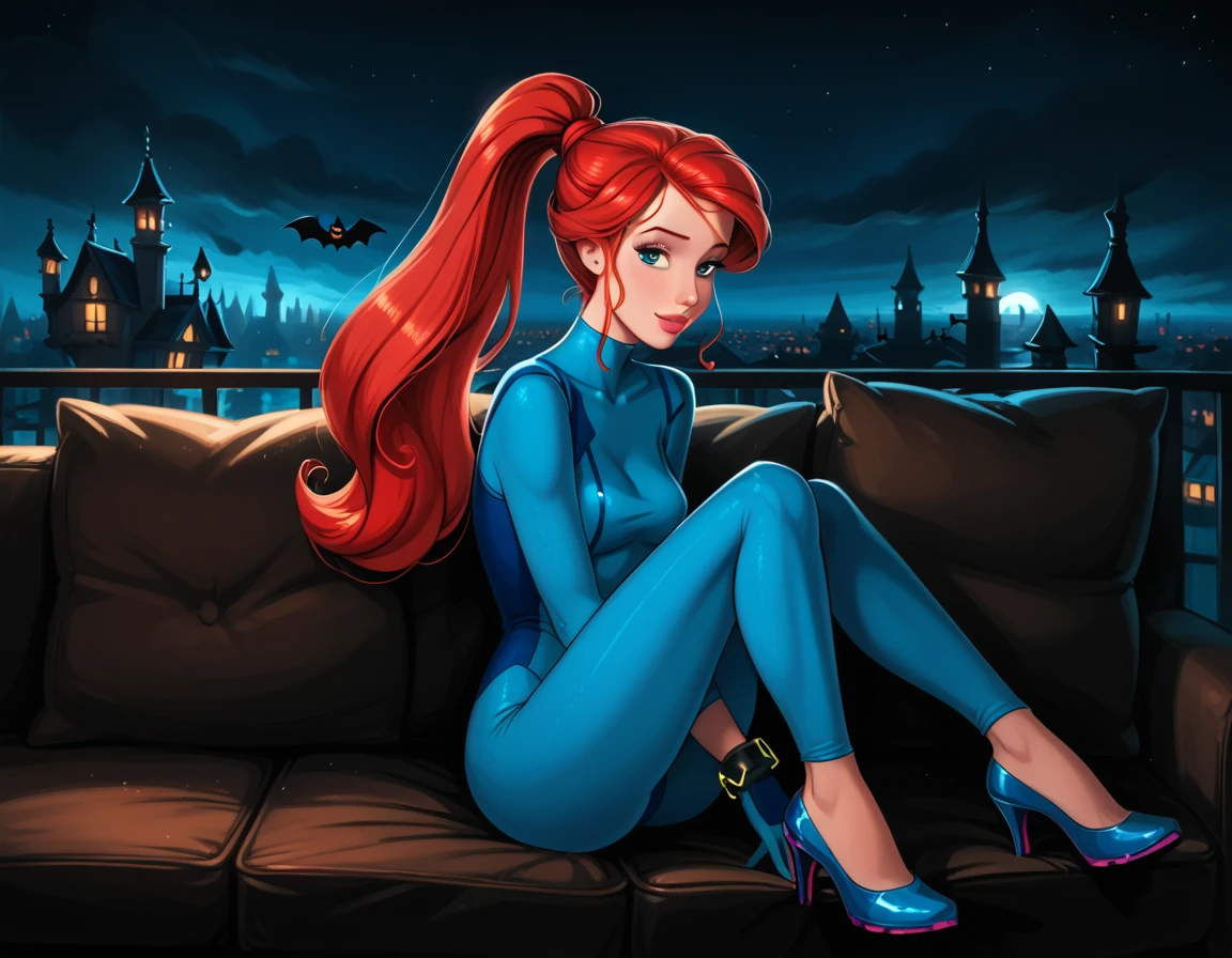 score_9, score_8_up, score_7_up, rating_questionable, epiCPhoto, 1girl, solo, very sexy (Disney's Ariel, ar_el, fair skin, red hair, ponytail, bangs:1.4), beautiful waifu, wearing (Samus Aran costume, blue bodysuit, zero suit, full bodysuit, full coverage, arms covered, shoulders covered, feet covered, ankles covered, bracelet, gloves, skin tight, heels:1.1), long legs, confident, flirt, gaze, sexy look, cute smile, head tilt, filled lips, thick lips, sitting on large sofa, in the living room, model pose, modelling shoot, elegant, glamorous, beautiful modern apartment, city living, (Halloween theme:1.3), night, dark, dimly lit, expressiveh d4rk01l, perfect hands, perfect proportions.