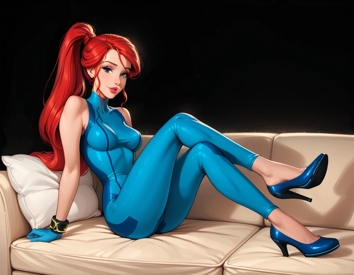 score_9, score_8_up, score_7_up, rating_questionable, epiCPhoto, 1girl, solo, very sexy (Disney's Ariel, ar_el, fair skin, red hair, ponytail, bangs:1.4), beautiful waifu, wearing (Samus Aran costume, blue bodysuit, zero suit, full bodysuit, full coverage, arms covered, shoulders covered, feet covered, ankles covered, bracelet, gloves, skin tight, heels:1.1), long legs, confident, flirt, gaze, sexy look, cute smile, head tilt, filled lips, thick lips, sitting on large sofa, in the living room, model pose, modelling shoot, elegant, glamorous, beautiful modern apartment, city living, (Halloween theme:1.3), night, dark, dimly lit, expressiveh d4rk01l, perfect hands, perfect proportions.