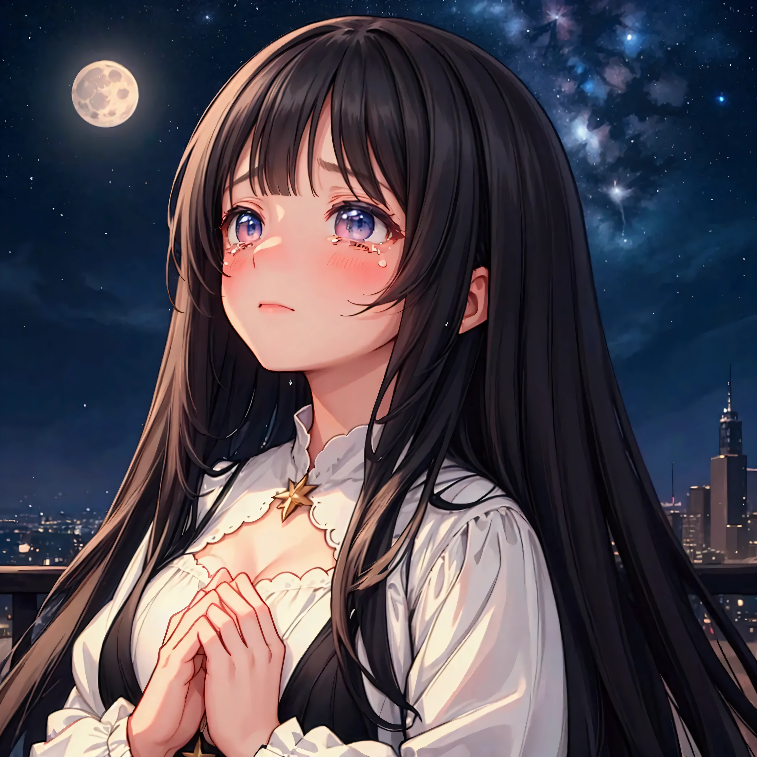 masterpiece, Best Quality,Super detailed,Hyper Detail, Cinematic Light,　 black long-haired woman 160 cm tall　Weight 45kg　Small breasts　Alone　Starry sky with the moon in the background 　White dress　Black cardigan　prayer　Crying face　Looking up at the sky