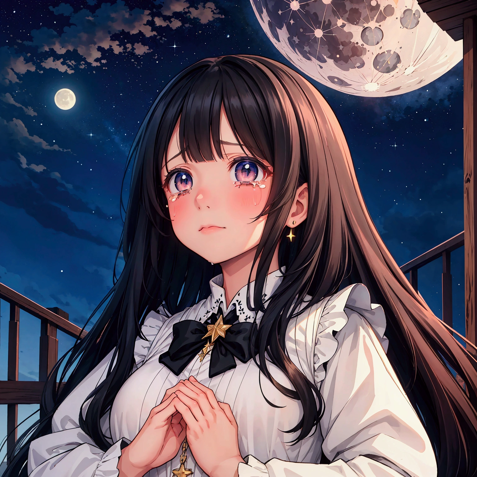 masterpiece, Best Quality,Super detailed,Hyper Detail, Cinematic Light,　 female with long black hair 160 cm tall　Weight 45kg　Small breasts　Alone　Starry sky with the moon in the background 　White dress　Black cardigan　prayer　Crying face　Looking up at the sky