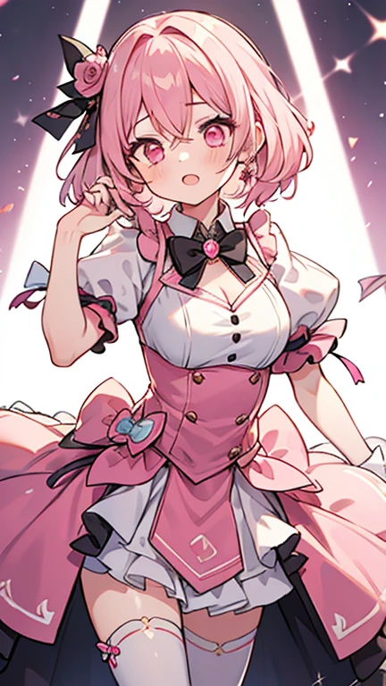 (Perfect body),Best Quality,16 K、(((((Lori)))))、((((Short stature))))、blush、(V-shaped eyebrows)、:D、embarrassed from、((((Short hair))))、(hair messy)、waved hair、Ahoge、(Yellow eyes),((A pink-haired))、Yellow-green hair clip、(((Blue Dress)))、(White knee socks)、(Pink gloves)、Yellow jacket、((Light blue striped panties))、((Big ass))、(((flat chest)))、(((thick thighs)))、spreading legs、Armpits、Electronic space、