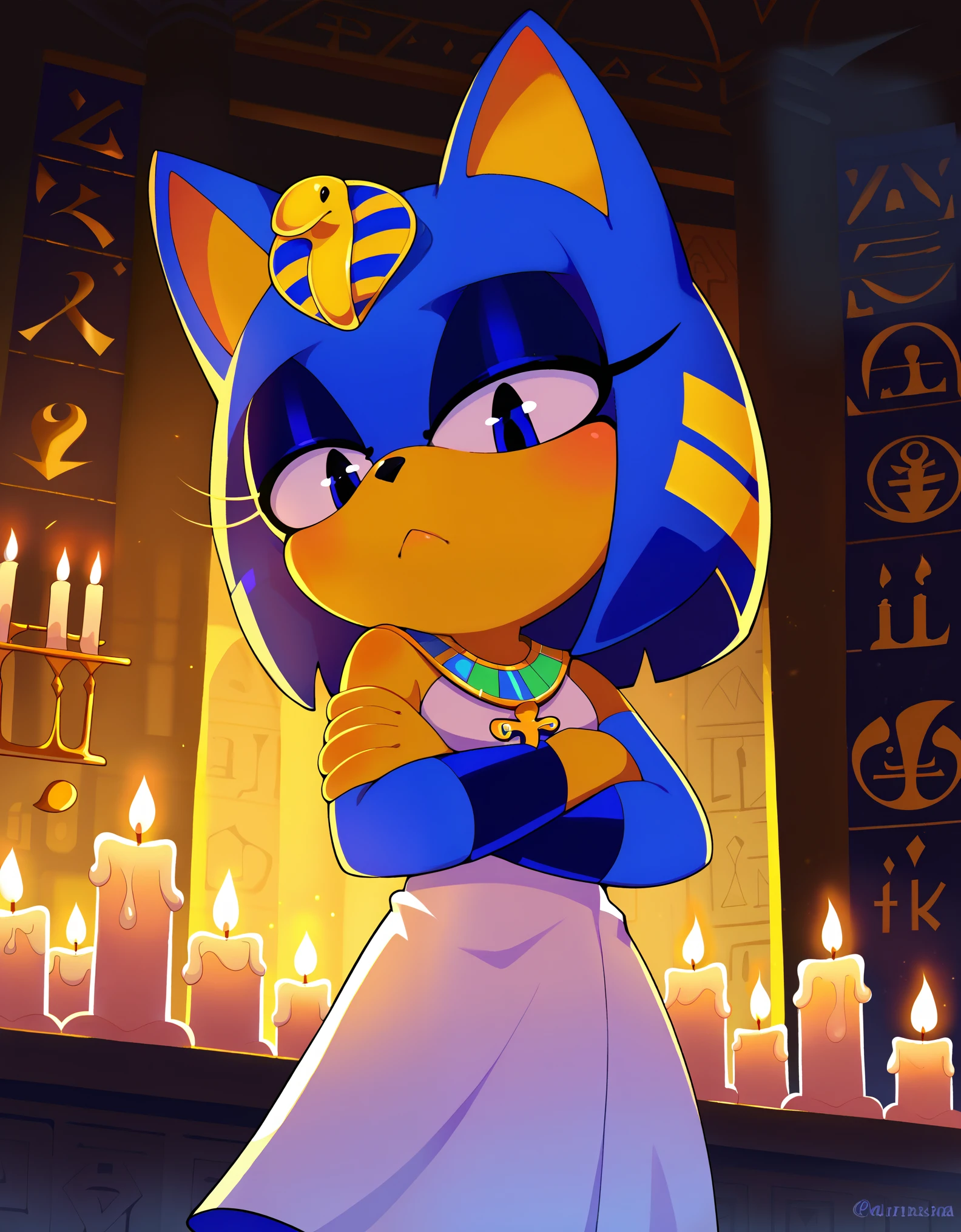 score_9, score_8_up, score_7_up, Akami Mira, bust portrait, front view, low-angle view, looking down, female on top, solo, toony, ankha \(animal crossing\), crossed arms, egyptian clothing, standing, BREAK, flat colors, ankha zone, by Garry Winogrand, by Edward Rusch, detailed background, detailed foreground, depth of field, ambient silhouette, backlighting, inside, altar, room, foggy, candle light