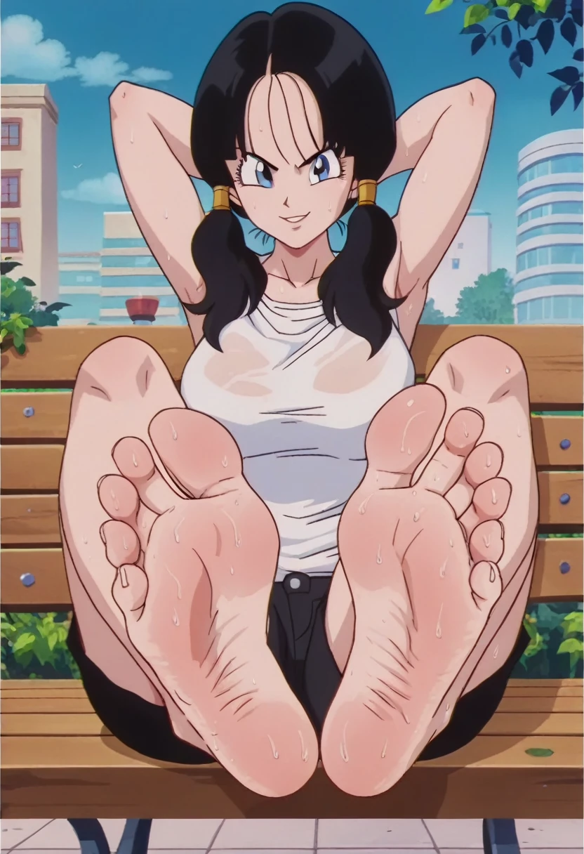 source_animé, puntaje_9, puntaje_8_arriba, puntaje_7_arriba, animé screencap,8k, absurdo res, Videl, 1 girl, solo, black hair, twintails, sleeveless dress, barefoot, soles, feet, toes, feet focus, sitting on bench, floor, building, outdoors, big breasts, wide hips, seductive smile, seductive look, feet up, legs up, blue eyes, thooty smile, parted lips, black shorts, white shirt, sweaty shirt, sweaty feet, sweaty soles, arms behind head, armpits up