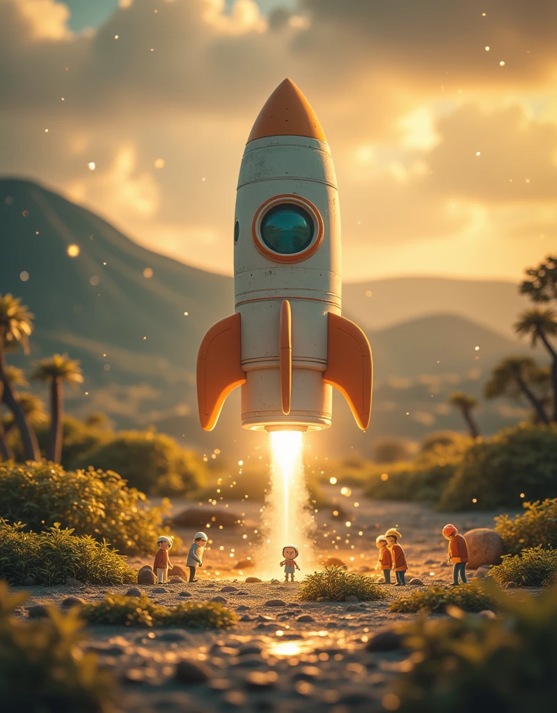 Rocket，Preparing for launch ， tiny humans,Features,Tilt action,Excellent lighting effects,landscape,3D,Brush Rendering,3D Effects,Super Detail