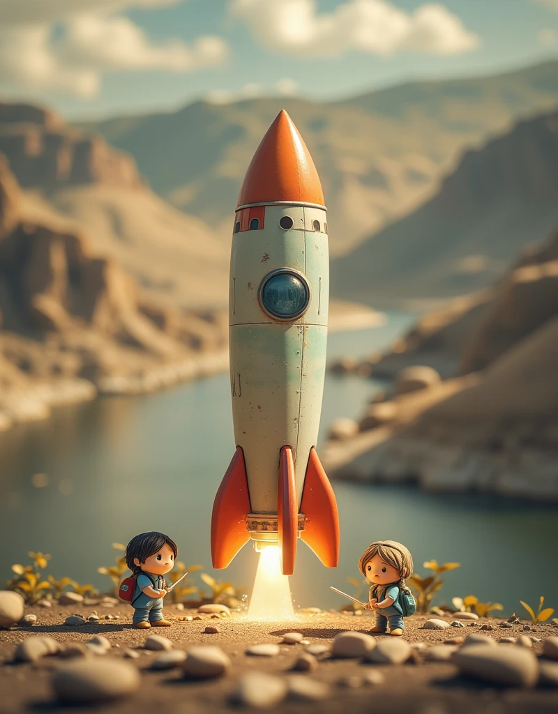 Rocket，Preparing for launch ， tiny humans,Features,Tilt action,Excellent lighting effects,landscape,3D,Brush Rendering,3D Effects,Super Detail