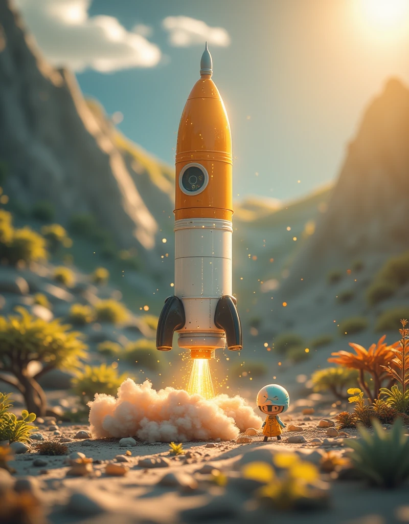 Rocket，Preparing for launch ， tiny humans,Features,Tilt action,Excellent lighting effects,landscape,3D,Brush Rendering,3D Effects,Super Detail