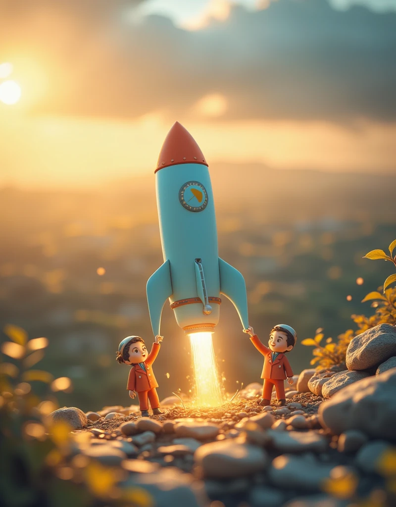 Rocket，Preparing for launch ， tiny humans,Features,Tilt action,Excellent lighting effects,landscape,3D,Brush Rendering,3D Effects,Super Detail