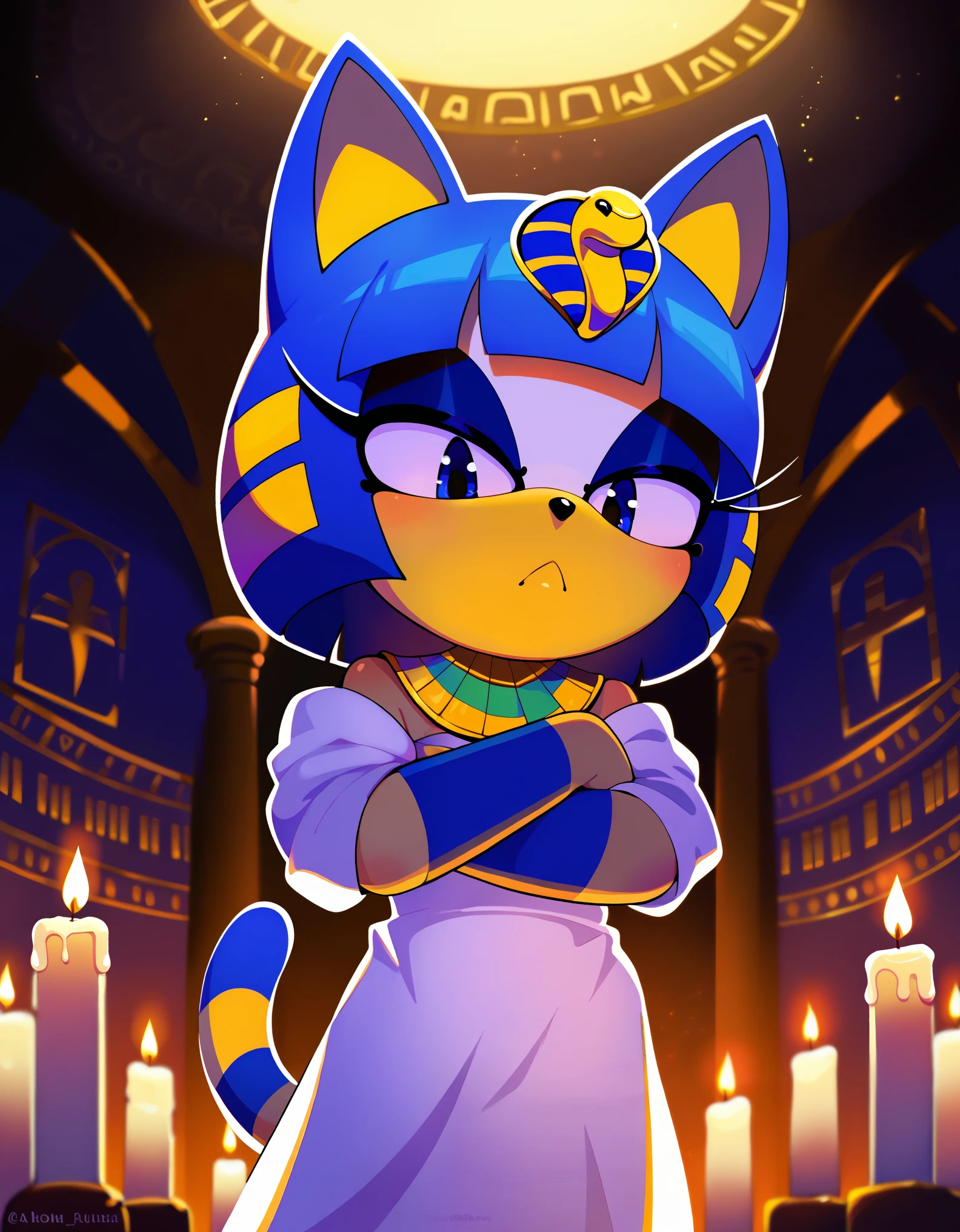 score_9, score_8_up, score_7_up, Akami Mira, bust portrait, front view, low-angle view, looking down, female on top, solo, toony, ankha \(animal crossing\), crossed arms, egyptian clothing, standing, BREAK, flat colors, ankha zone, by Garry Winogrand, by Edward Rusch, detailed background, detailed foreground, depth of field, ambient silhouette, backlighting, inside, altar, room, foggy, candle light