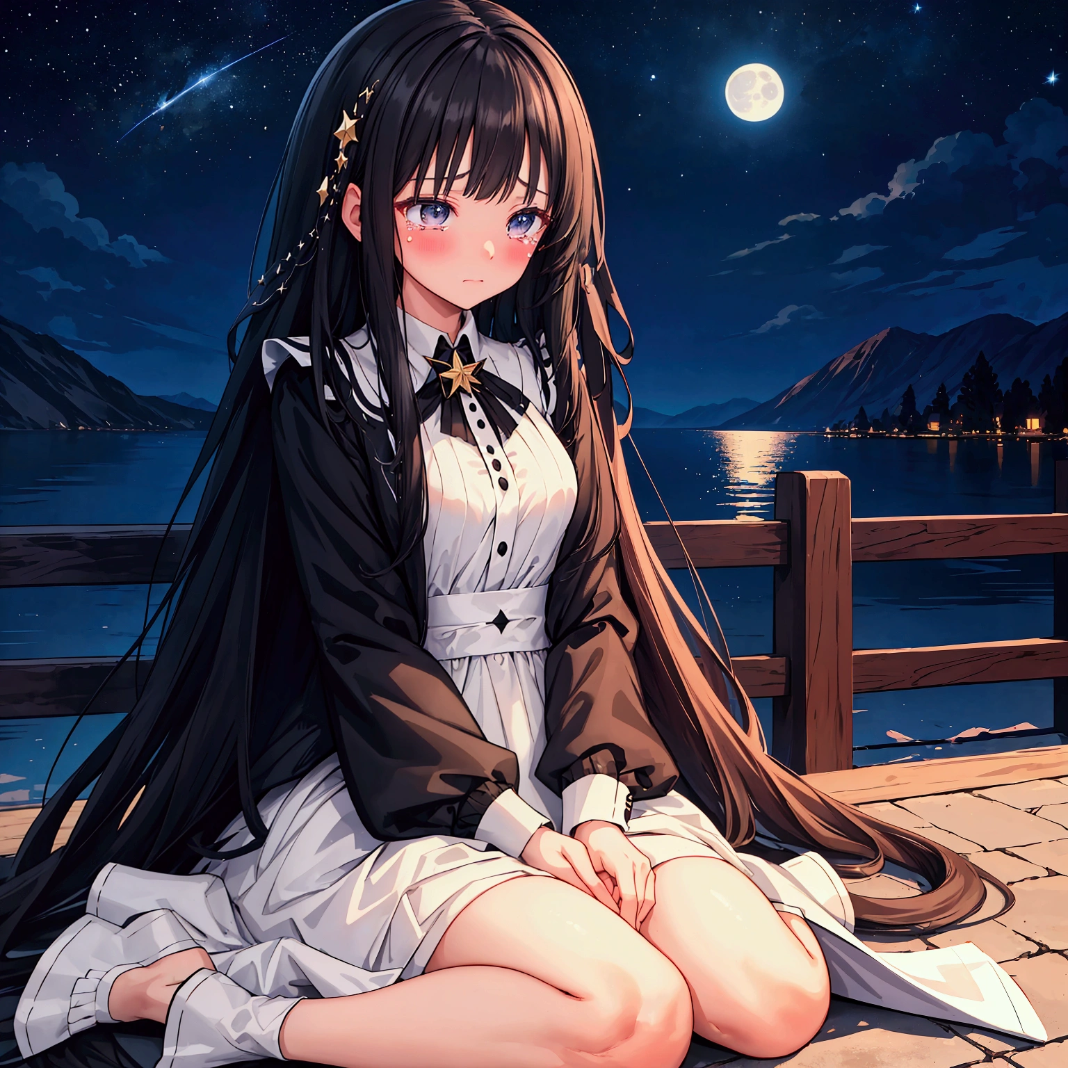 masterpiece, Best Quality,Super detailed,Hyper Detail, Cinematic Light,　 black long-haired woman 160 cm tall　Weight 45kg　Small breasts　alone　Starry sky with the moon in the background 　White dress　Black cardigan　prayer　Crying face　Sit on the ground　Look down