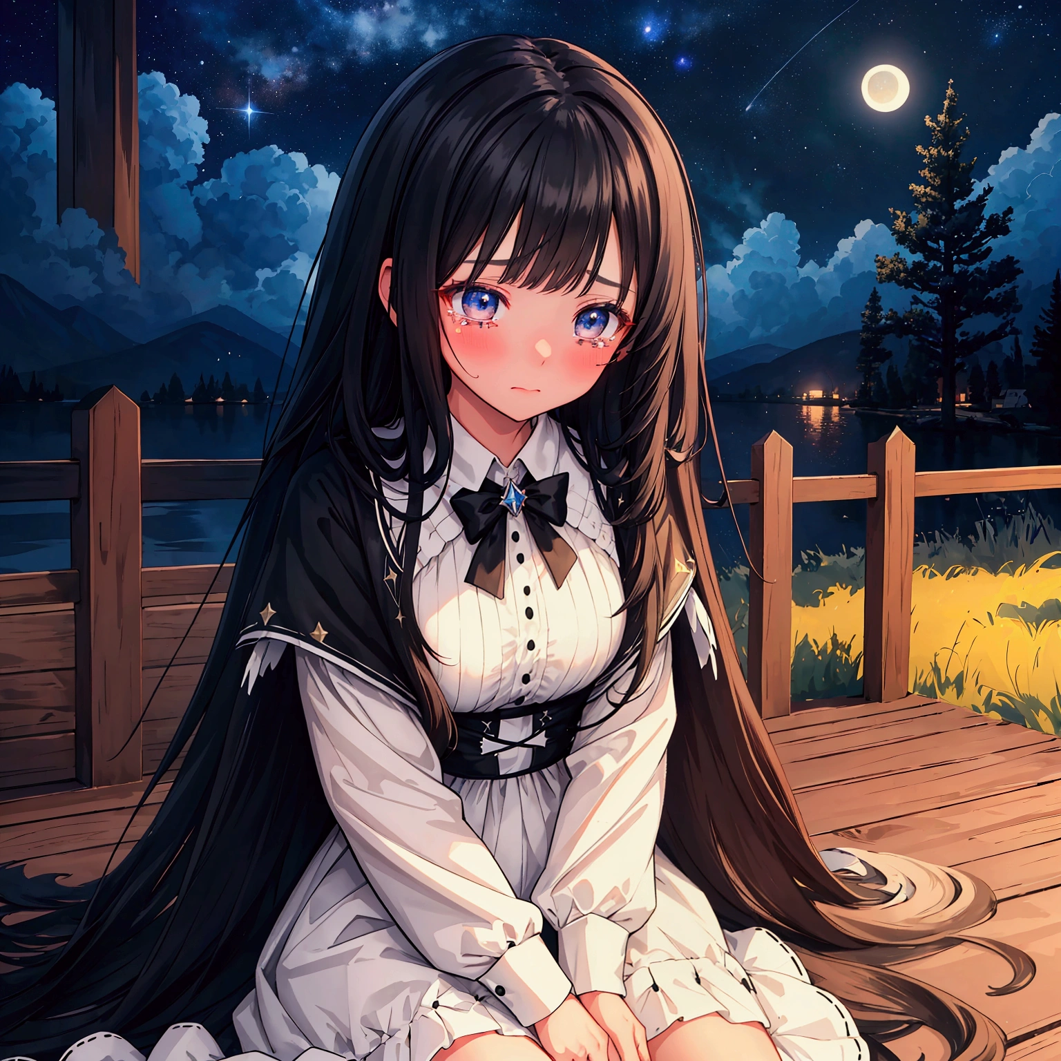 masterpiece, Best Quality,Super detailed,Hyper Detail, Cinematic Light,　 black long-haired woman 160 cm tall　Weight 45kg　Small breasts　alone　Starry sky with the moon in the background 　White dress　Black cardigan　prayer　Crying face　Sit on the ground　Look down