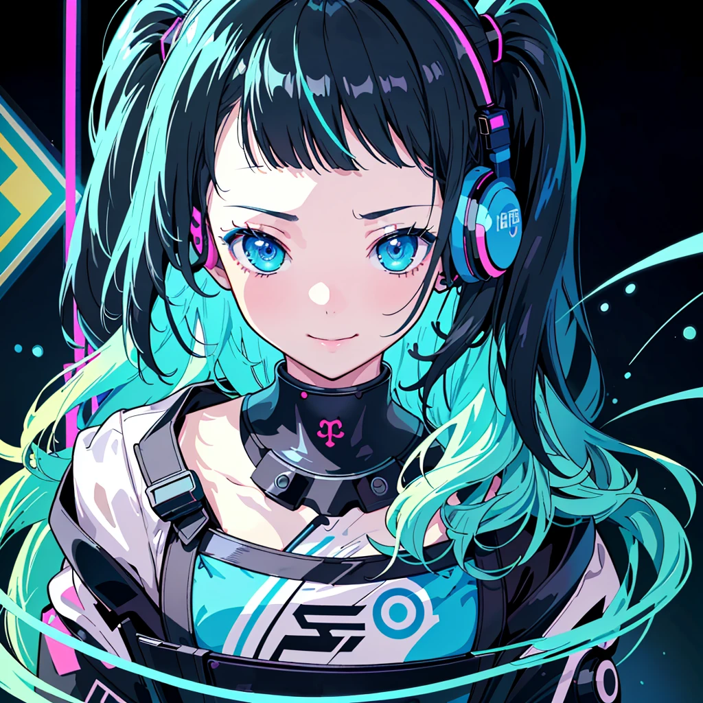 Poster、1girl,(((Best Quality、Masterpiece、Perfect Anatomy、Super detailed、High definition、)))、(top-quality)、Cyber Rock Punk Anime Girl,Black-haired,Droopy eyes,Half up,Neon Color Palette, Cyan and royal blue、headphone、Cute Smile、Absurd、