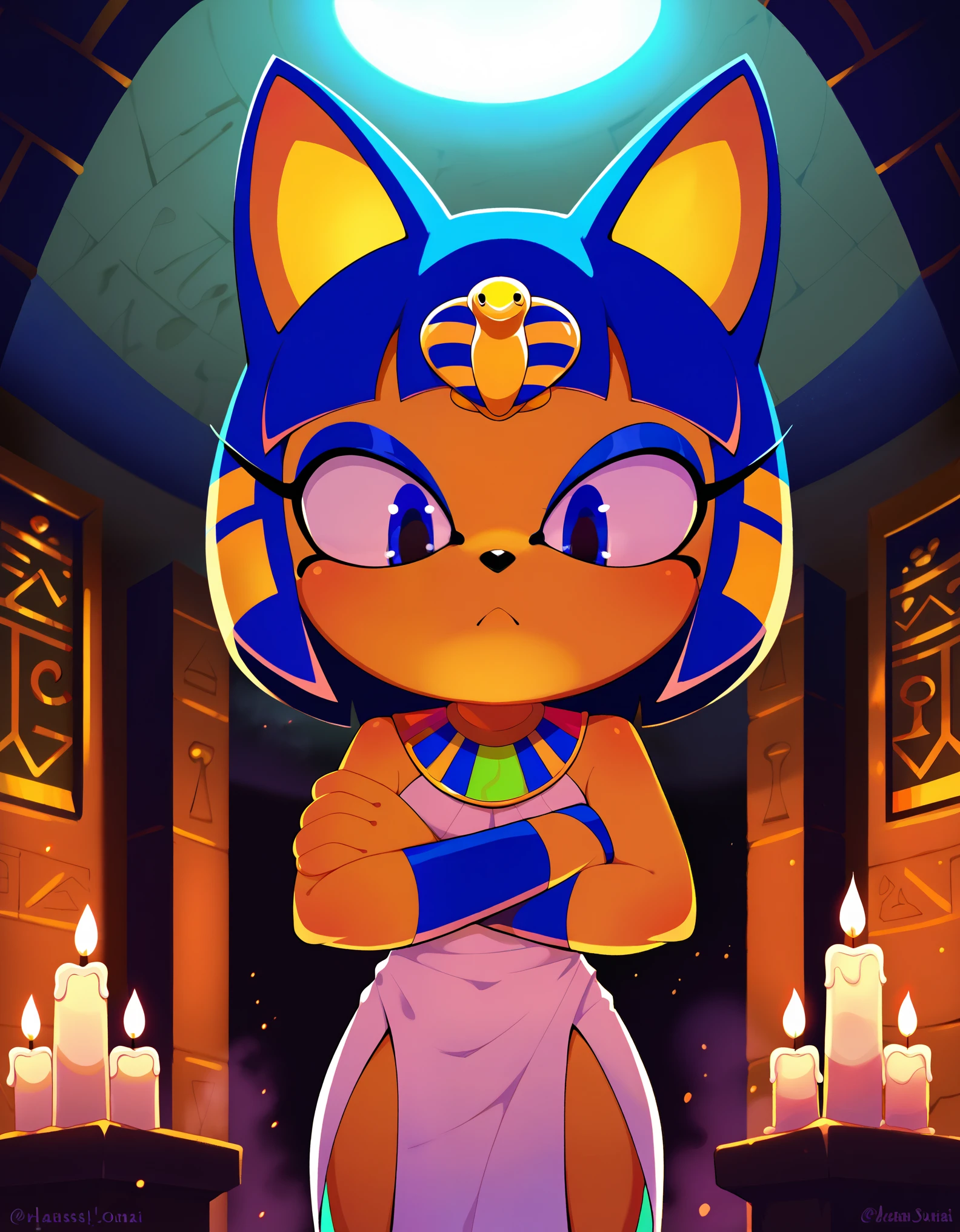 score_9, score_8_up, score_7_up, Akami Mira, bust portrait, front view, low-angle view, looking down, female on top, solo, toony, ankha \(animal crossing\), crossed arms, egyptian clothing, standing, BREAK, flat colors, ankha zone, by Garry Winogrand, by Edward Rusch, detailed background, detailed foreground, depth of field, ambient silhouette, backlighting, inside, altar, room, foggy, candle light