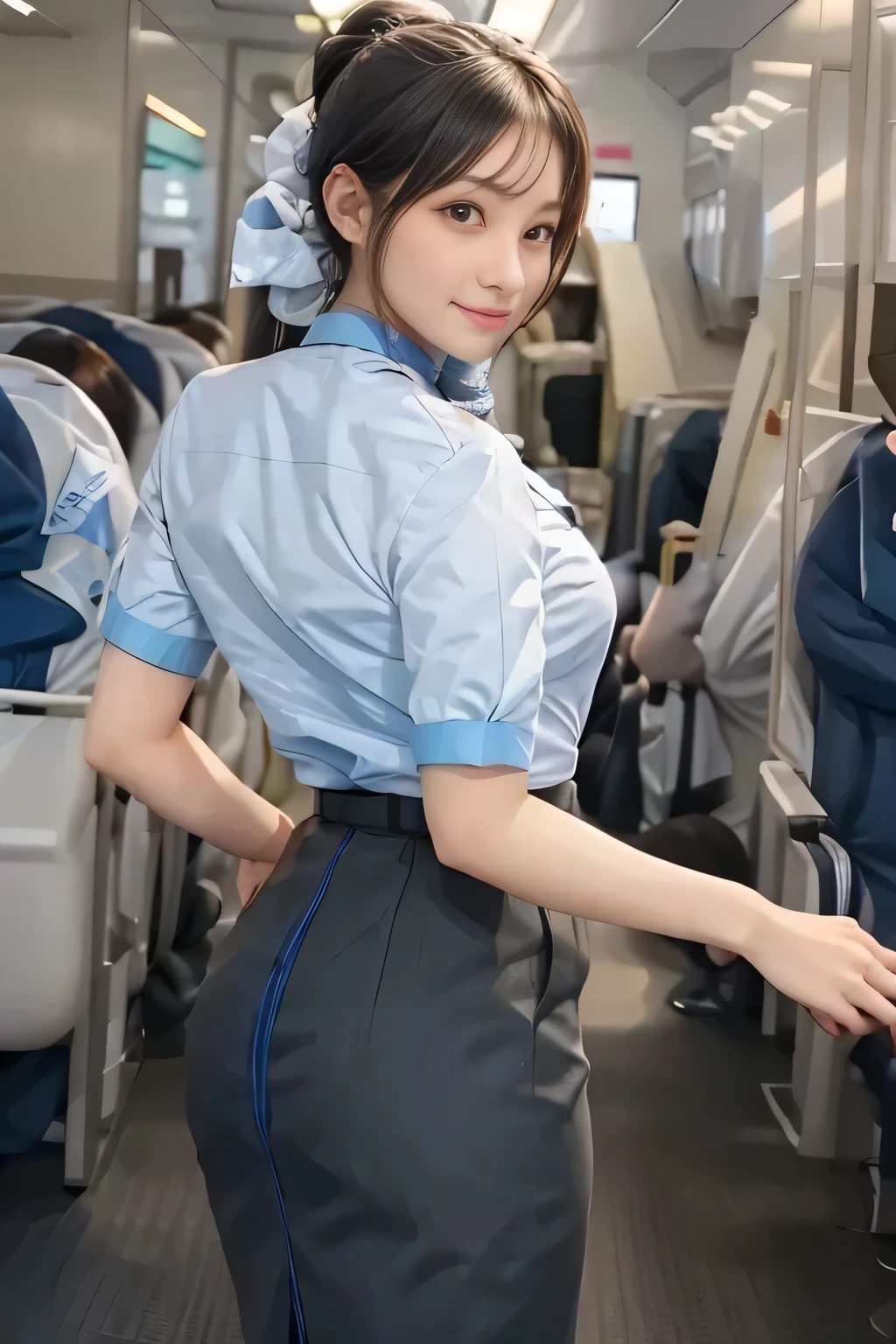 (masterpiece:1.2, Best Quality:1.2), 32K HDR, High resolution, (Alone、1 girl)、(on board、Professional Lighting)、In-flight background、(ANA flight attendant uniform blueを着たリアルスタイル)、((ANA flight attendant uniform blue short sleeve blouse 、 ANA flight attendant uniform blue skirt with blue line on the back、Scarf around the neck))、Dark brown hair、(Long Hair、Hair tied up、Hair tied up)、Dark brown hair、Long Shot、Big Breasts、Thin legs、((Great hands:2.0)),((Harmonious body proportions:1.5)),((Normal limbs:2.0)),((Normal finger:2.0)),((Delicate eyes:2.0)),((Normal eyes:2.0)))、smile、(ANA flight attendant uniform blueを見せた美しい後ろ姿)、(Hands clasped underneath)
