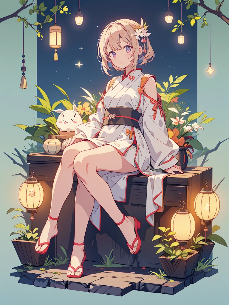 masterpiece, exquisite, high-resolution, single woman, blonde, medium hair, asymmetrical hair, floating hair, blindfold, high ponytail, side lock, hair ornament, fish hair ornament, tassels, kanzashi, bangs, orange eyes, open mouth, smile, teeth, upper teeth only, choker, red choker, pendant choker, butterfly choker, collarbone, tattoo, chest tattoo, flower tattoo, cleavage, middle chest, thighs, bandages, bandaged legs, sarashi, budget sarashi, chest sarashi, black sash, hadanugi dosa,, kimono, kimono, drawstring, obi, obiage, obijime, orange kimono, drawstring, patterned kimono, rope, obi, shimenawa, short kimono, bare shoulder, genshin, east east Asian architecture, cherry blossoms, full body, squatting, sparkler, night, fireworks, fireworks, legs crossed, Feet, Single Gloves, Single Fingerless Gloves, Wristband, Black Socks,