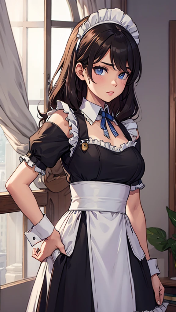 ((Tabletop, highest quality, High resolution, , Pixel perfect, 4K,))), 1 beautiful woman, private teacher、The whole body is visible、 ((Mid-wave hair, bangs, Brown Hair)), ((Brown eyes, Beautiful eyelashes, Realistic eyes)), ((Detailed face, Blushing:1.2)), ((Smooth texture:0.75, Realistic texture:0.65, Realistic:1.1, Anime CG Style)), middle size breast, Dynamic Angle, Perfect body, (( , , 、Frill apron, Maid Costume、Ruffled short sleeve shirt))、Cooking in the kitchen、、Sit on a chair、Raise one knee and open your legs、Very embarrassing panic smile, 、、、、(Light blue lace panties are visible、)、Angle from below)、
