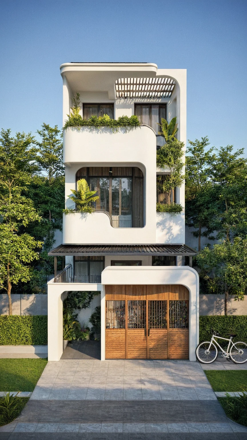 The house has 2 floors and 1 attic with a terrace. tall and narrow, modern design, steel gate and wooden details in harmonious color combination to flatter the eye. The outside is painted white, the front wall has many curves. Mix 6    outstanding colors with white as the main color. Outstanding colors combine in soft curves. The house has windows on all sides and (wooden and iron ceilings: 1,2). Materials include black steel and wood. The attic has a tree growing on the middle column in bright floral colors, blue and wood. Surrounded by tropical vegetation. The scene was shot from a 24mm perspective, with soft, natural lighting highlighting textures and materials, creating soft shadows that highlight the curves of the front wall and wooden details.