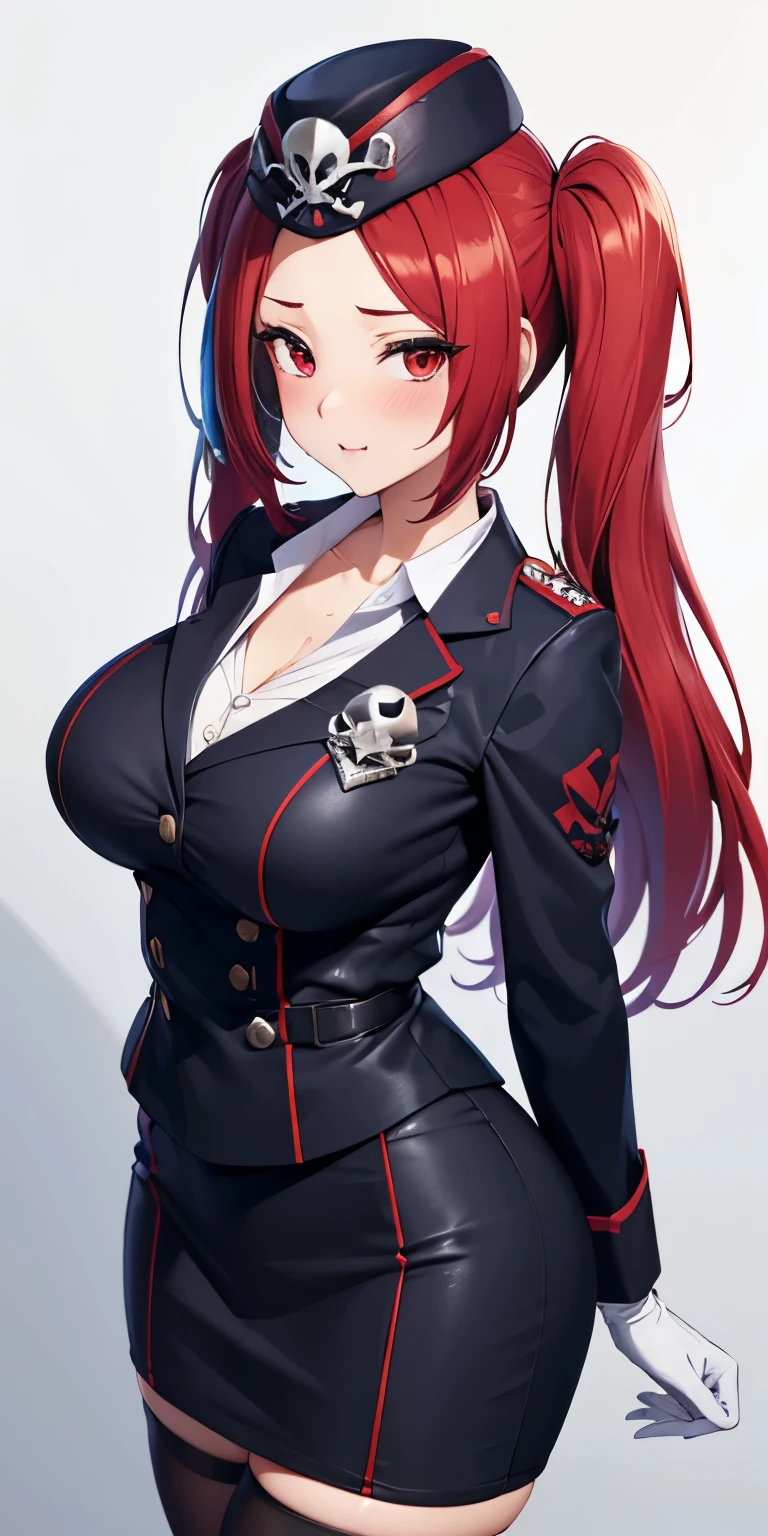 1 Female,High definition,high resolution,Ultra-realistic,8K, 1girl, solo, red hair, red eyes, twintails, employee uniform, pencil skirt, skull print, navy cap, fang, black legwear, white gloves, large breasts,European,sexy,Upper body close-up,Photographed from the front,Dynamic Angles,(blush), (medium tits) , multicolored hair 