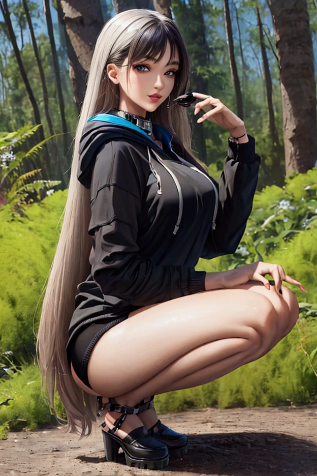 masterpiece, best quality, accuracy, HD,  Forest, Campground , campfire,  Fox girl, fuchsohr, foxtail, very very very long hair bluesilver, blue-grey eyes, collar with dog tag,  black long open hoodie, no underwear,  black through overknee ,  black high-heeled shoes ,   fingers to the chest ,  dogs run around  ,  rain do it ,   slightly squat  ,  sensual smile ,  