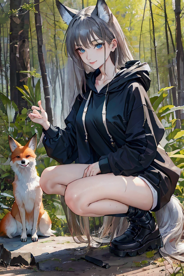 masterpiece, best quality, accuracy, HD,  Forest, Campground , campfire,  Fox girl, fuchsohr, foxtail, very very very long hair bluesilver, blue-grey eyes, collar with dog tag,  black long open hoodie, no underwear,  black through overknee ,  black high-heeled shoes ,   fingers to the chest ,  dogs run around  ,  rain do it ,   slightly squat  ,  sensual smile ,  