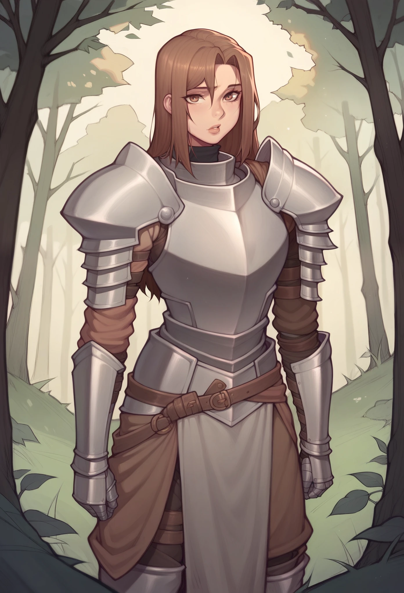 Asura style, 1girl, solo, brown hair, knight armor, forest background