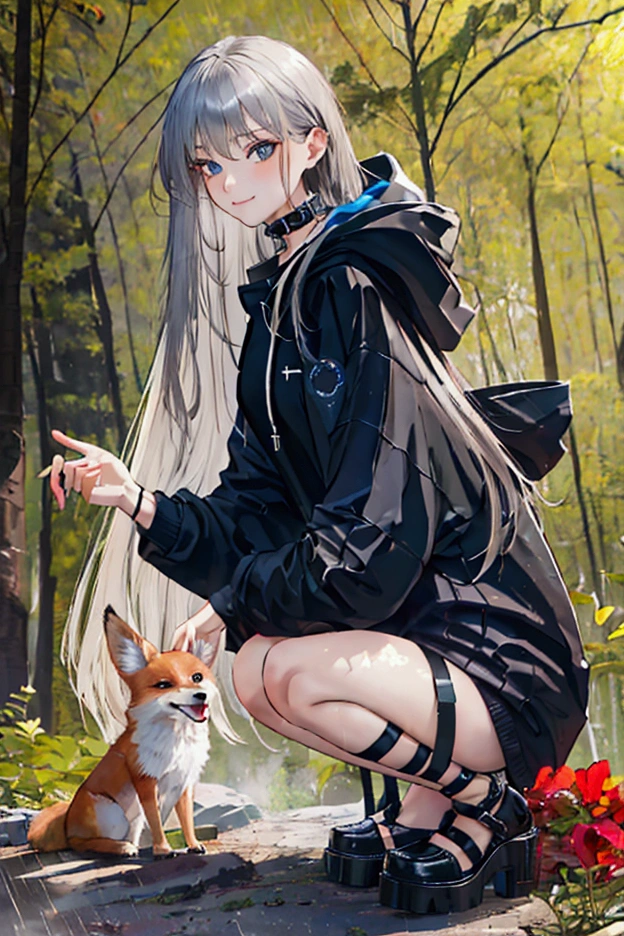 masterpiece, best quality, accuracy, HD,  Forest, Campground , campfire,  Fox girl, fuchsohr, foxtail, very very very long hair bluesilver, blue-grey eyes, collar with dog tag,  black long open hoodie, no underwear,  black through overknee ,  black high-heeled shoes ,   fingers to the chest ,  dogs run around  ,  rain do it ,   slightly squat  ,  sensual smile ,  