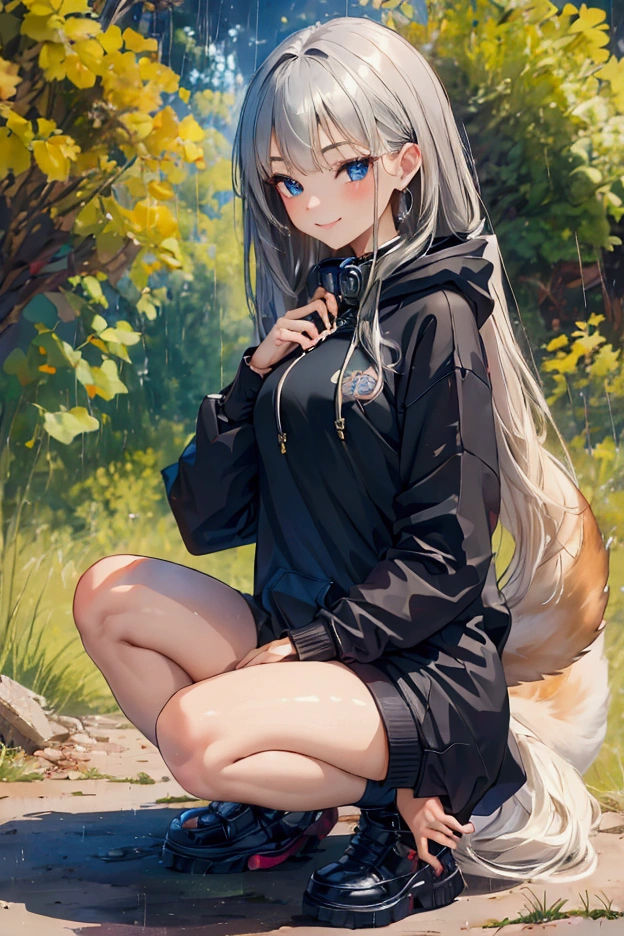 masterpiece, best quality, accuracy, HD,  Forest, Campground , campfire,  Fox girl, fuchsohr, foxtail, very very very long hair bluesilver, blue-grey eyes, collar with dog tag,  black long open hoodie, no underwear,  black through overknee ,  black high-heeled shoes ,   fingers to the chest ,  dogs run around  ,  rain do it ,   slightly squat  ,  sensual smile ,  