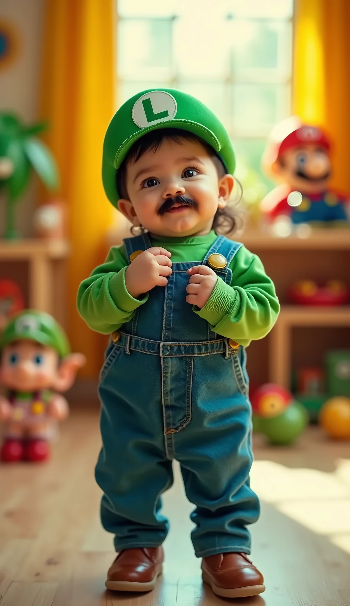a boy dressed as a luigi character, smiling, ultrarealistic, 8k, best quality, masterprice, natural skin texture, with a mustache