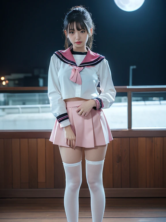 (The to the FW), 1womanl, Solo, age19, (cute face), (Ideal ratio body proportions), (a sailor suit), ((Costumes must be worn)), Skirt lifted by the wind, You can see the whole panties, panties focus, Long escalator, (Super close-up of buttocks), ((Point your butt at the camera)), stick out buttocks, Emphasize ass, Smiling smile, short-hair, Dark hair, Colossal tits, A slender, Big buttocks, Skinny Legs, zettai ryouiki, thighs thighs thighs thighs, knee high, Pleated miniskirt, surrealism, Cinematic lighting, depth of fields, One-person viewpoint, F/1.8, 135 mm, N FSW, masutepiece, ccurate, Anatomically correct, Textured skin, Super Detail, high details, High quality, awardwinning, Best Quality, hight resolution, 8K