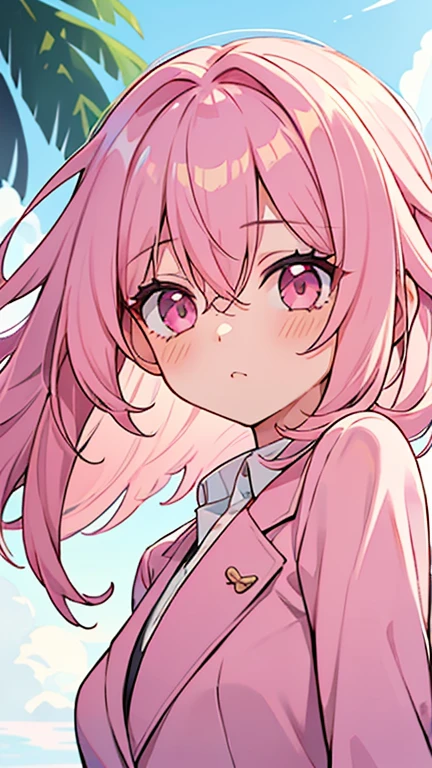 ((A girl with light pink hair and pink eyes)),((I'm wearing a pink summer suit)),bangs,Hair between the eyes