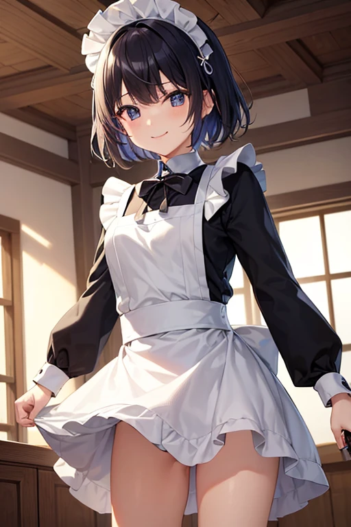 One girl,Nozomi、Gentle expression、smile、Welcome、maid Cafe、Maid outfit、skirt lift,panty shot,Pink string panties、A complete depiction of the human body、masterpiece, Highest quality, Game CG, ultra detailed、highres、extremely detailed CG