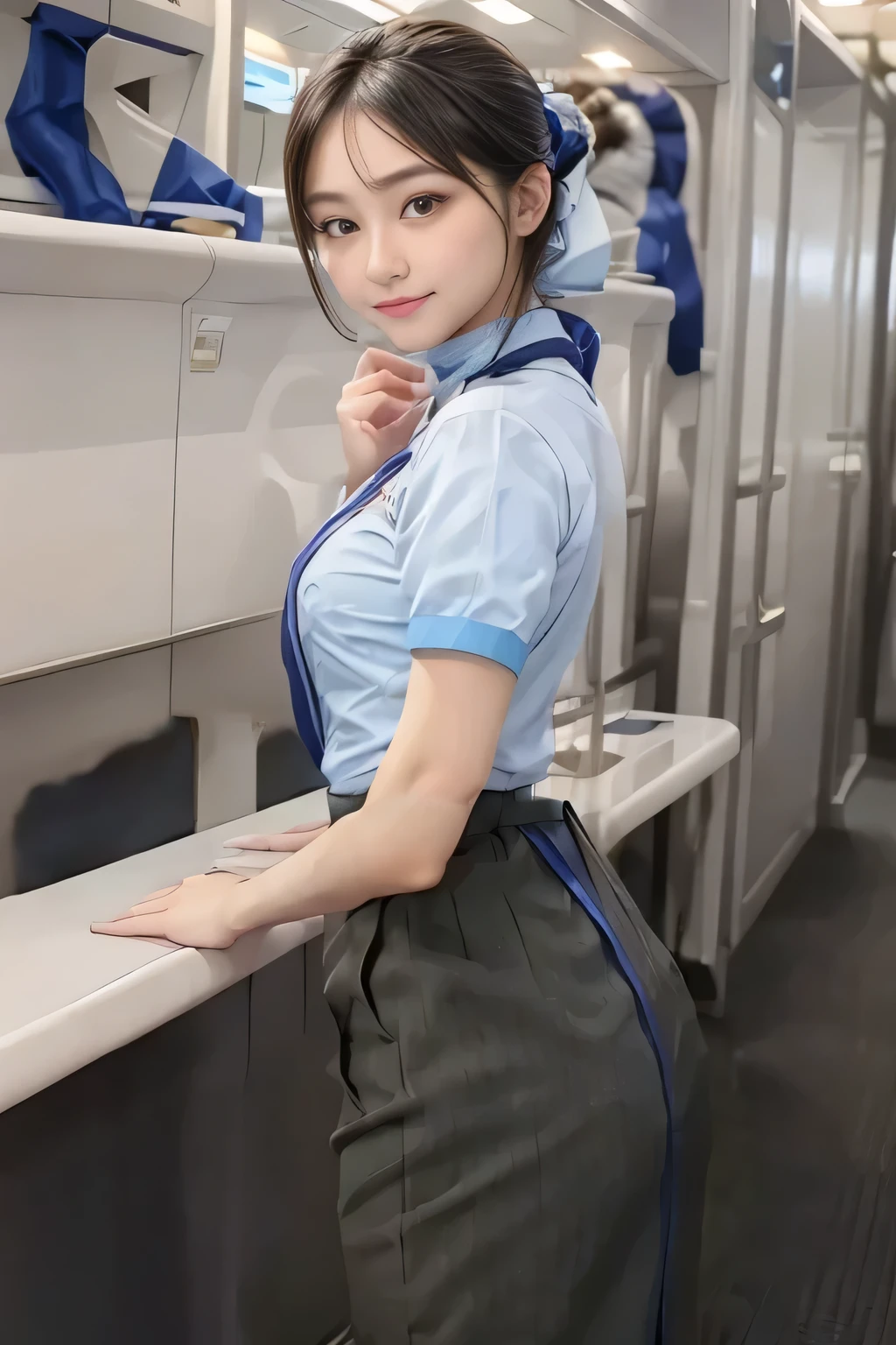 (masterpiece:1.2, Best Quality:1.2), 32K HDR, High resolution, (Alone、1 girl)、(on board、Professional Lighting)、In-flight background、(ANA flight attendant uniform blueを着たリアルスタイル)、((ANA flight attendant uniform blue short sleeve blouse 、 ANA flight attendant uniform blue skirt with blue line on the back、Scarf around the neck))、Dark brown hair、(Long Hair、Hair tied up、Hair tied up)、Dark brown hair、Long Shot、Big Breasts、Thin legs、((Great hands:2.0)),((Harmonious body proportions:1.5)),((Normal limbs:2.0)),((Normal finger:2.0)),((Delicate eyes:2.0)),((Normal eyes:2.0)))、smile、(ANA flight attendant uniform blueを見せた美しい後ろ姿)、Hands down