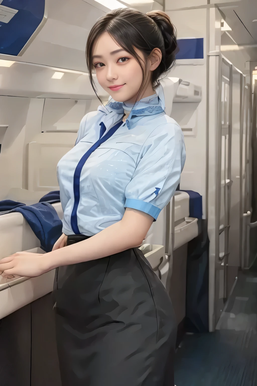 (masterpiece:1.2, Best Quality:1.2), 32K HDR, High resolution, (Alone、1 girl)、（on board、Professional Lighting）、In-flight background、（ANA flight attendant uniform blueを着たリアルスタイル）、（（ANA flight attendant uniform blue short sleeve blouse 、 ANA flight attendant uniform blue skirt with blue line on the back、Scarf around the neck））、Dark brown hair、（Long Hair、Hair tied up、Hair tied up）、Dark brown hair、Long Shot、Big Breasts、Thin legs、（（Great hands：2.0）），（（Harmonious body proportions：1.5）），（（Normal limbs：2.0）），（（Normal finger：2.0）），（（Delicate eyes：2.0）），（（Normal eyes：2.0））)、smile、（ANA flight attendant uniform blueを見せた美しい後ろ姿）、Hands down