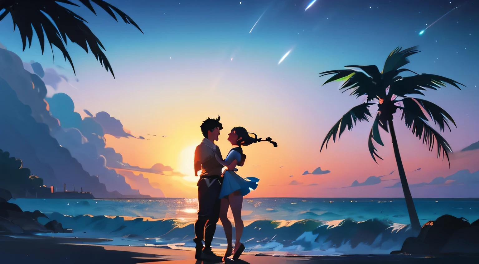 Background: A serene sunset over a tranquil beach.Foreground: A man and two women standing close together, with one woman in a revealing dress, the other two gazing at her affectionately.