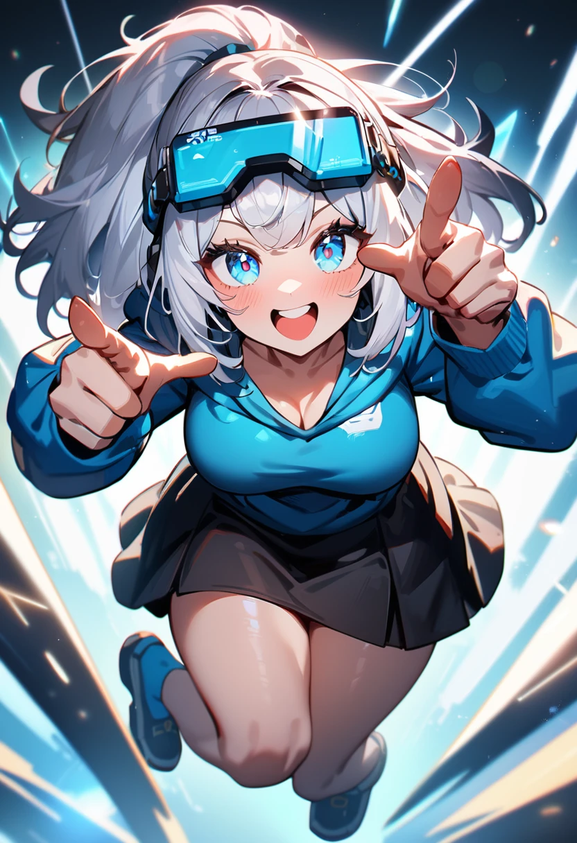 1girl, solo, White and blue hoodie、Black skirt, Beautiful light blue eyes, Long silver hair、,Large valleys、Leaning forward、VR Visor 、Jumping Pose、Excited face、dynamic pose ,high quality、Beautiful Art of Cyber World、single light, finger gun pointing to viewer, pointing to viewer, (masterpiece),gloss, full body, cryptopunk, light beam from above, lens flare