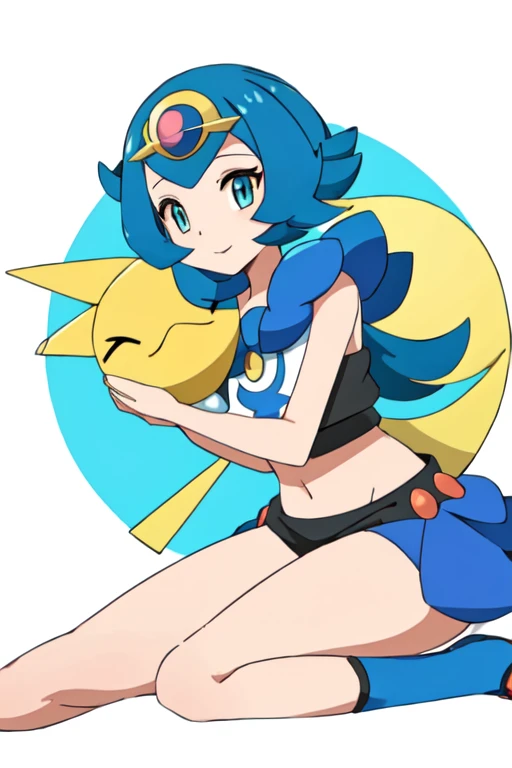 (masterpiece), 1girl, solo, cleavage, hanging , leaning forward, wide hips, horny face, pkmnLana, pokemonlana, pokemonlana, blue eyes, blue hair, freckles, hairband, short hair, white pupils, yellow hairband, (bright pupils:1.5), big breasts, large breasts, breast focus, both hand on hips, smirk