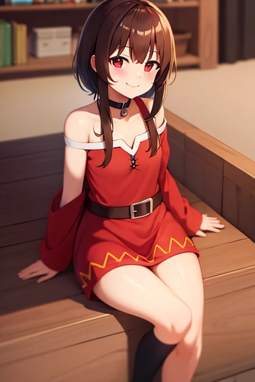 smile, Megumin, looking at viewer, sitting, 