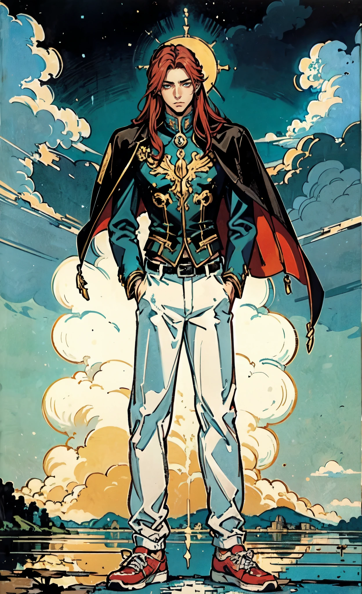 (masterpiece:1.2, best quality:1.2, extremely delicate:1.2), ((male:1.5)), a young man with long red hair, delicate face, gentle eyes, peaceful expression, fantasy-realism style outfit, a red and black short cape, a blue and white leather jacket, a belt, white pants, sneakers, his hands in his pockets, he strolls by a lakeside under dark cloudy skies, this character embodies a finely crafted fantasy-realism style Wise in anime style, exquisite and mature manga art style, dramatic, high definition, highres, ultra-detailed, ultra-fine painting, professional, perfect body proportions, golden ratio, anatomically correct, symmetrical face, extremely detailed eyes and face, high quality eyes, creativity, RAW photo, UHD, 32k, Natural light, cinematic lighting, (masterpiece-anatomy-perfect:1.2)