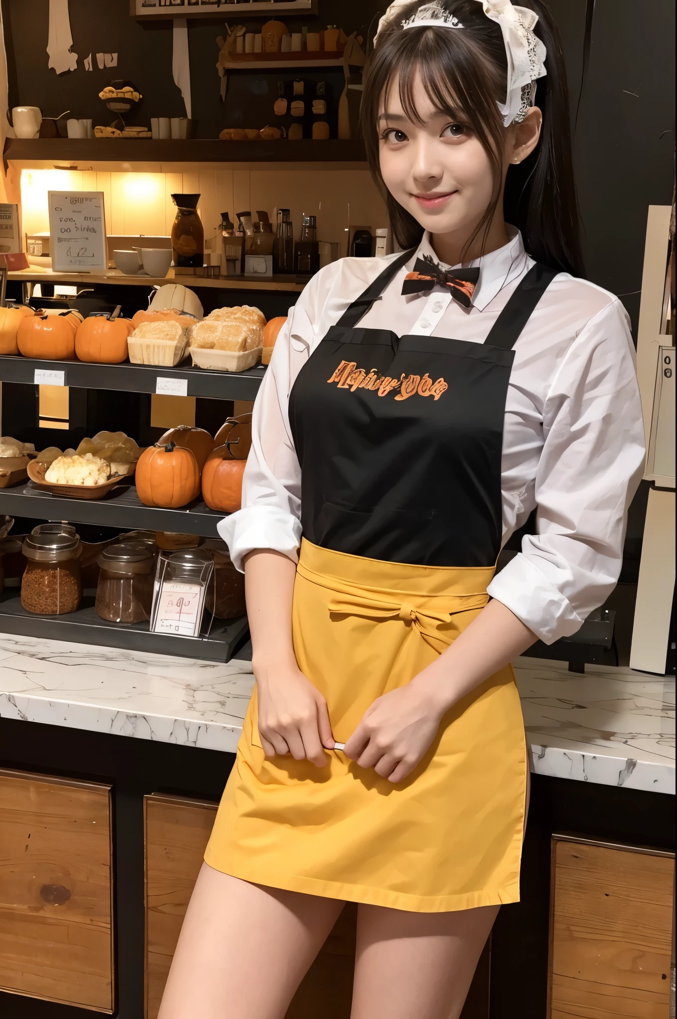highest quality, debris flies, realistic, High resolution, 8,000 students,alone, 1 girl, small bust、Bust Size82centimeter、NSFW、Completely naked、medium long hair、23 years old、(Childminder、dark yellow apron、dark yellow miniskirt)、plump body shape、(((full body shot)))、thick thighs、 ((lace purple panties))、smile、high heels、earrings、necklace、skirt lift、At the office