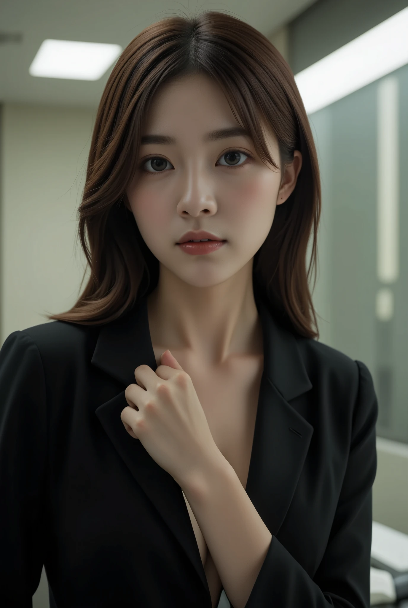 Top Quality, Masterpiece, 1 Girl, Beautiful Face, (Photorealistic Picture:1.3), Rim Lighting, (High Detail Skin:1.2), 8K UHD, DSLR, High Quality, High Resolution, 4K, 8K, Bokeh, Absurdity, Best Ratio Foungers and One Thumb, (Real:1.3), Small Face, Cute One Girl, Black Formal Blazer, Middle Breast, Short Skirt,Office