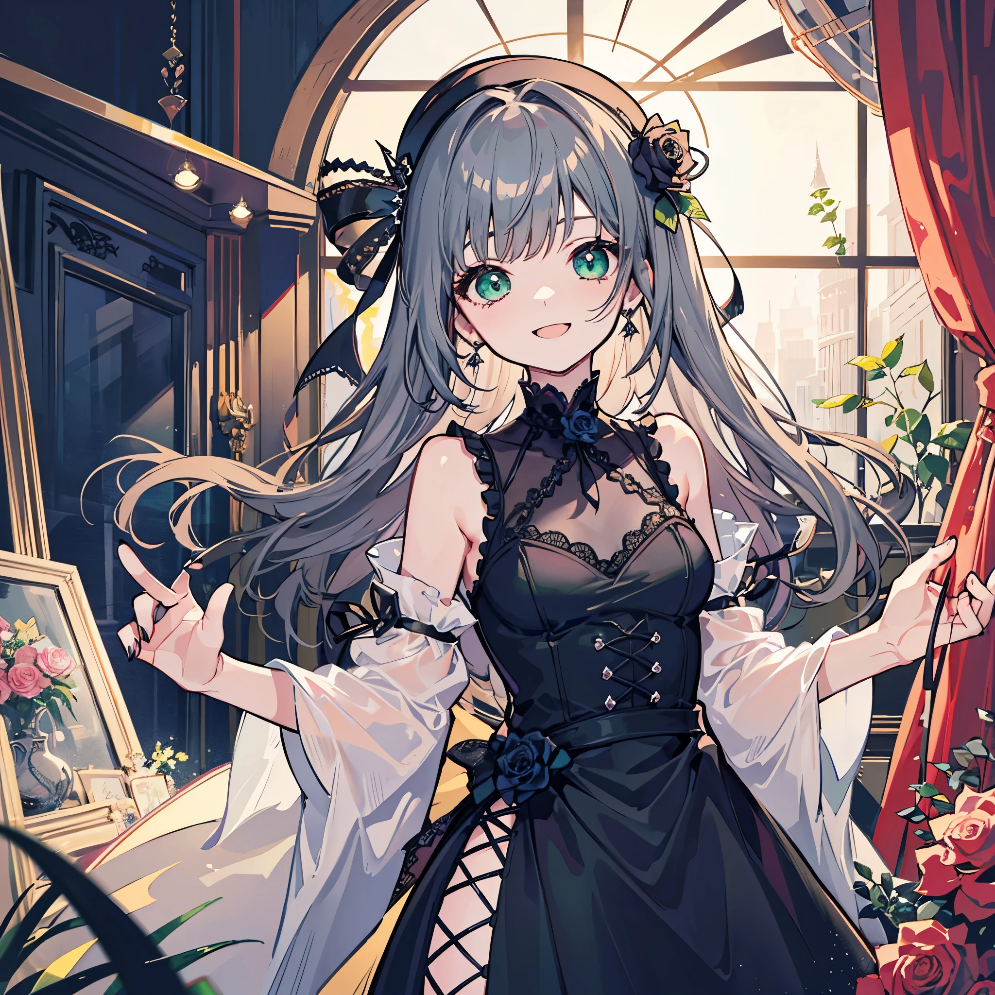 whole body, 8k resolution, Delicate features, , single, Unique pupils, smile, Emerald green, Princess Cut, Ribbon hair ornament, brooch, Glossy dark blue dress, Lolita Style, Gothic style, Facing the audience, Otaku Room, Female demon
