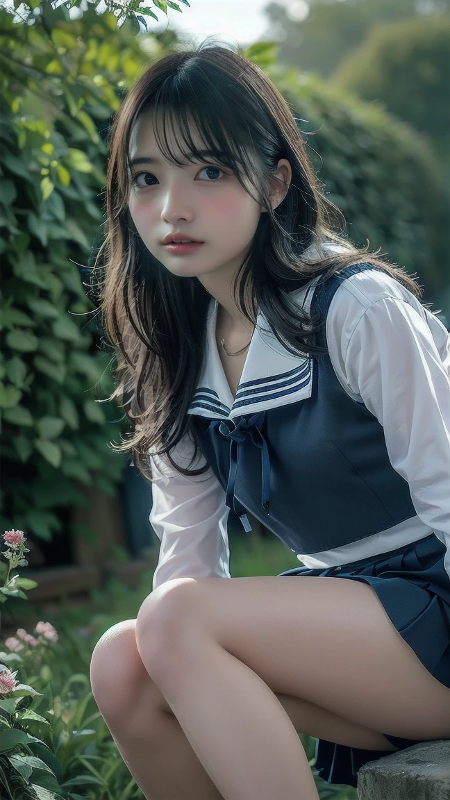 A scene of a black-haired woman wearing a sailor uniform posing on the grass in the afternoon on a sunny day, flashing her best smile