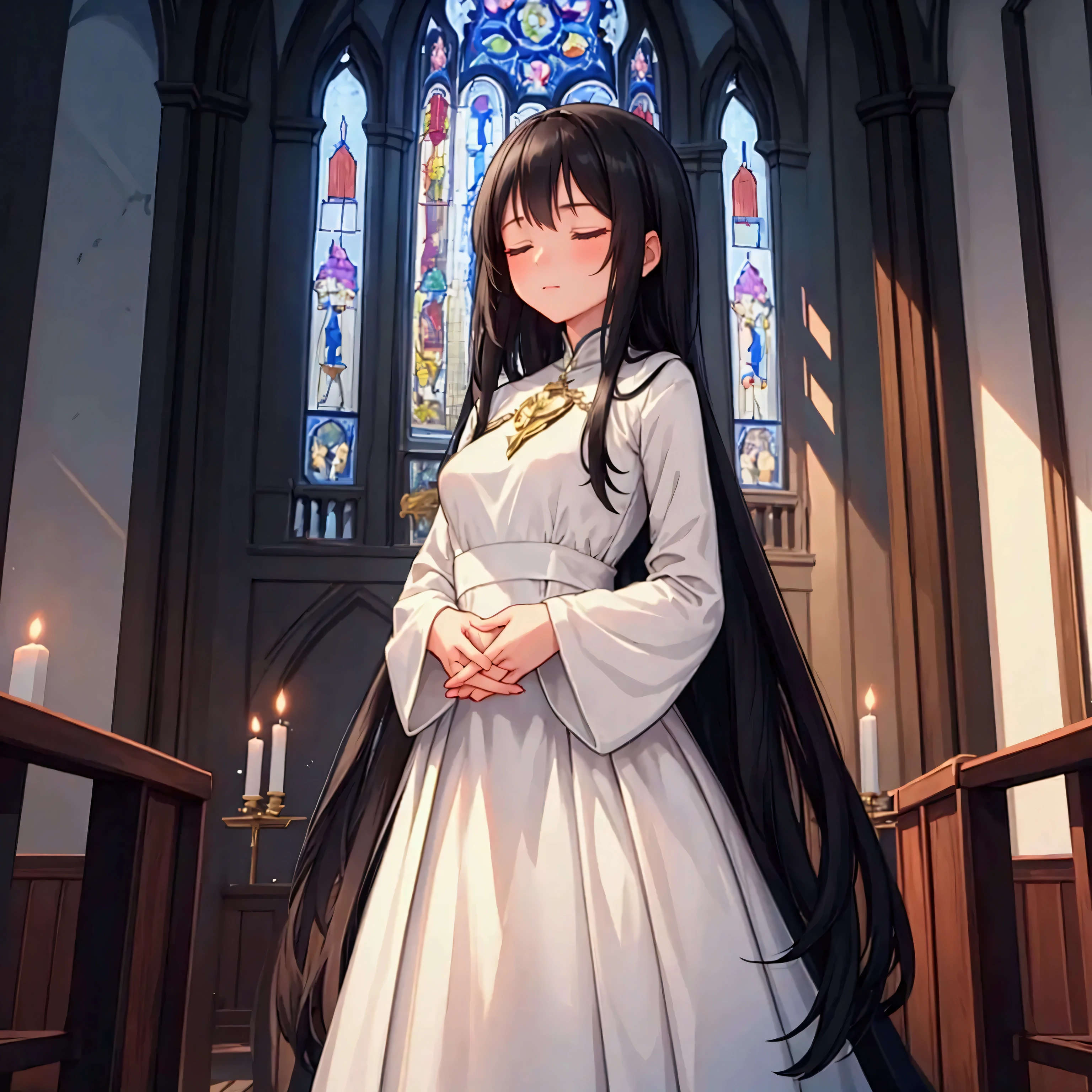 masterpiece, Best Quality,Super detailed,Hyper Detail, Cinematic Light,　 female with long black hair 160 cm tall　Weight 45kg　Small breasts　Church with stained glass in the background　A person standing with hands clasped in prayer in front of their chest, wearing a modest, long-sleeved white dress that covers their entire body, including the neck and arms. The dress is flowing and elegant, with no skin visible. The person has a serene expression, with their eyes closed, standing in a peaceful, softly lit environment, like a quiet garden or a sunlit room. The atmosphere is calm and reflective, focusing on the purity and tranquility of the scene.