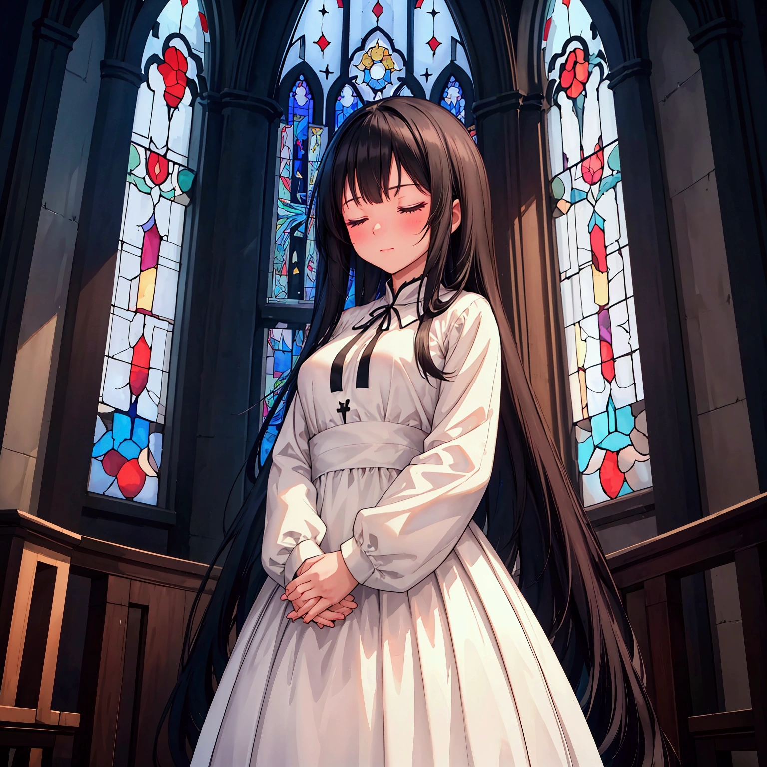 masterpiece, Best Quality,Super detailed,Hyper Detail, Cinematic Light,　 female with long black hair 160 cm tall　Weight 45kg　Small breasts　Church with stained glass in the background　A person standing with hands clasped in prayer in front of their chest, wearing a modest, long-sleeved white dress that covers their entire body, including the neck and arms. The dress is flowing and elegant, with no skin visible. The person has a serene expression, with their eyes closed, standing in a peaceful, softly lit environment, like a quiet garden or a sunlit room. The atmosphere is calm and reflective, focusing on the purity and tranquility of the scene.