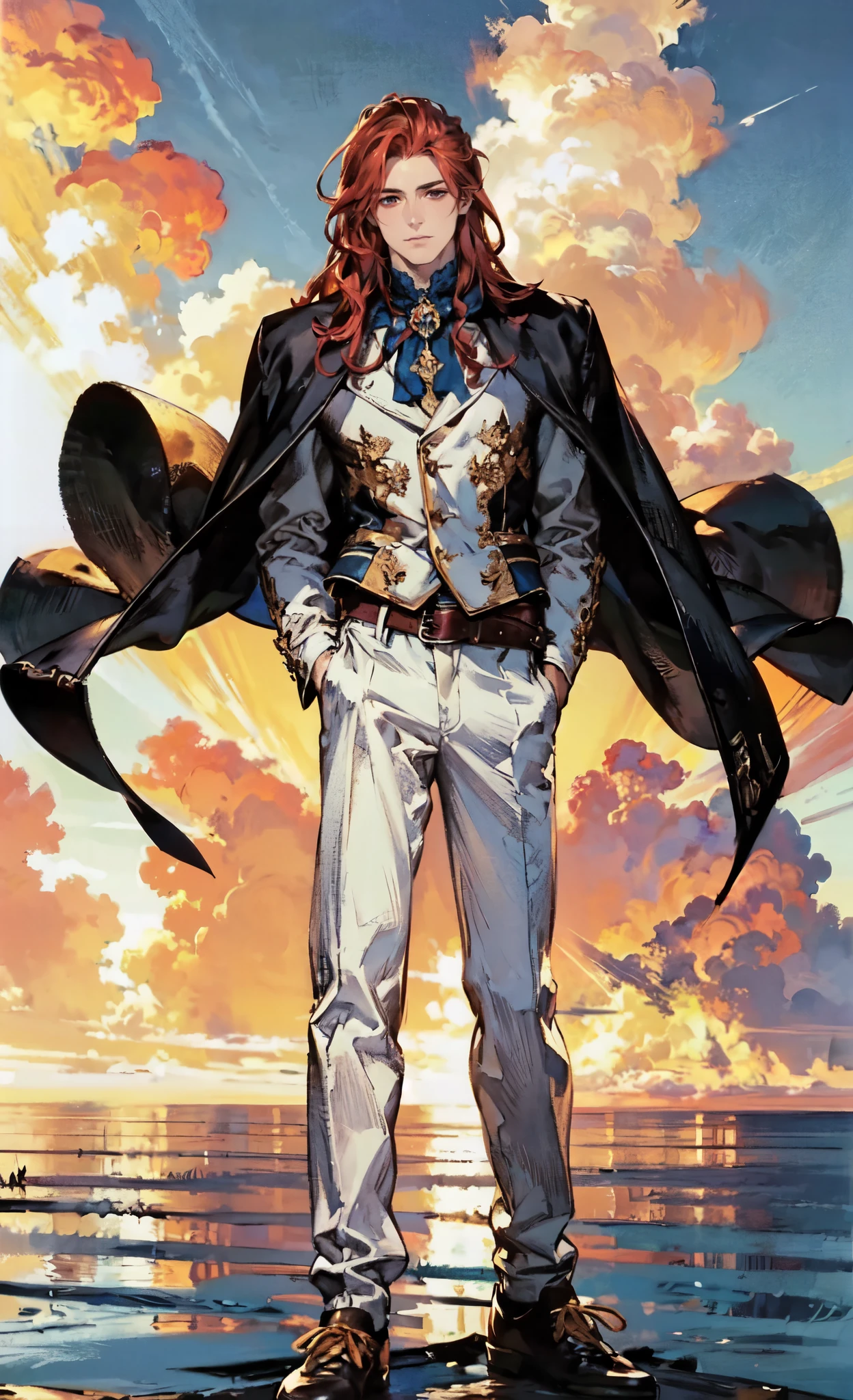 (masterpiece:1.2, best quality:1.2, extremely delicate:1.2), ((male:1.5)), a young man with long red hair, delicate face, gentle eyes, peaceful expression, fantasy-realism style outfit, a red and black short cape, a blue and white leather jacket, a belt, white pants, sneakers, his hands in his pockets, he strolls by a lakeside under dark cloudy skies, this character embodies a finely crafted fantasy-realism style Wise in anime style, exquisite and mature manga art style, dramatic, high definition, highres, ultra-detailed, ultra-fine painting, professional, perfect body proportions, golden ratio, anatomically correct, symmetrical face, extremely detailed eyes and face, high quality eyes, creativity, RAW photo, UHD, 32k, Natural light, cinematic lighting, (masterpiece-anatomy-perfect:1.2)